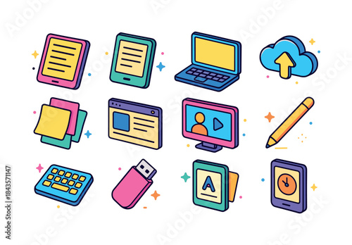 Colorful Digital Study Icons. Digital study tools. Colorful isom
