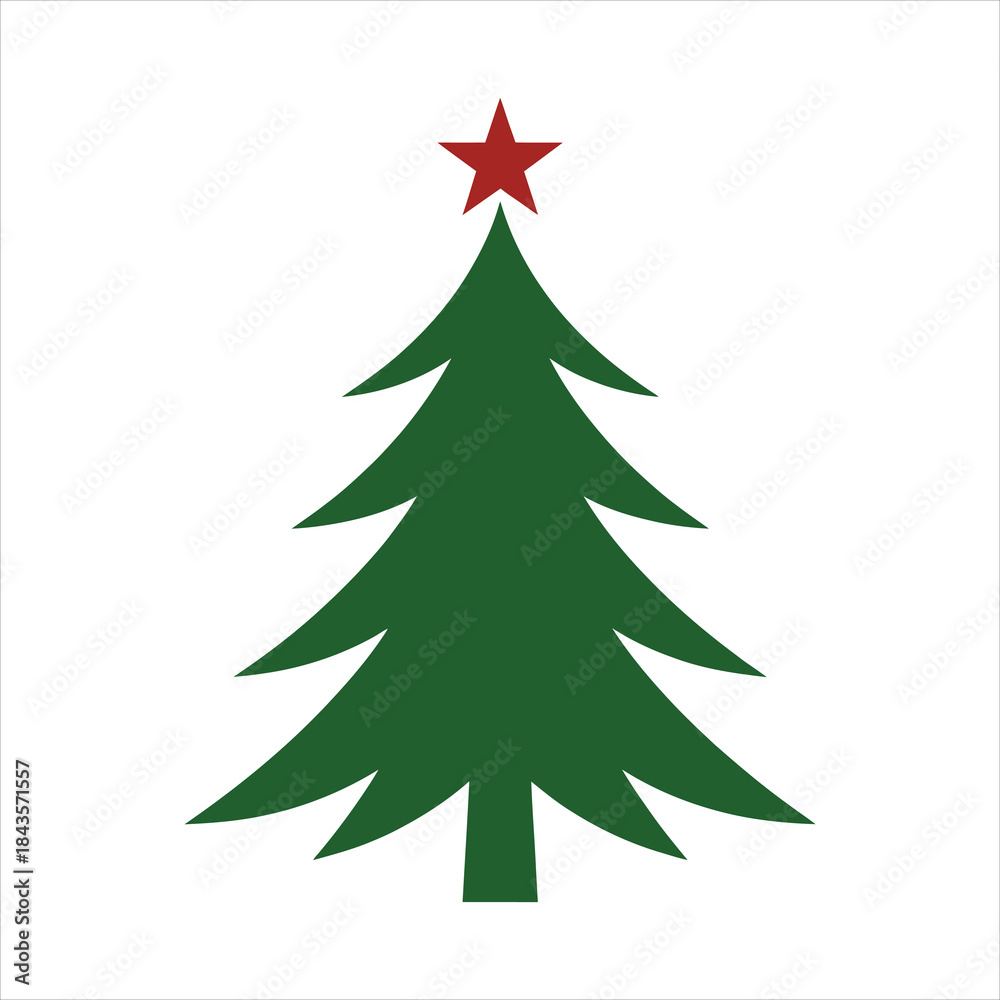 Obraz premium A simple green Christmas tree stands against a plain white background with a red star