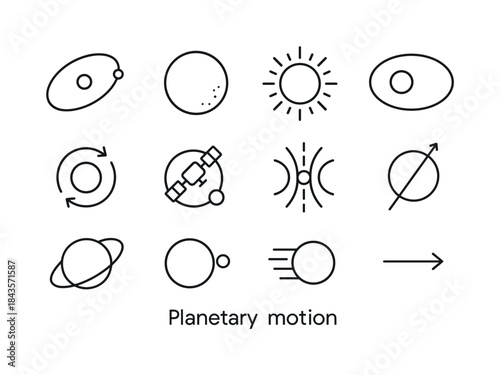 Planetary Motion Icons. Planetary motion. Line icon set of plane