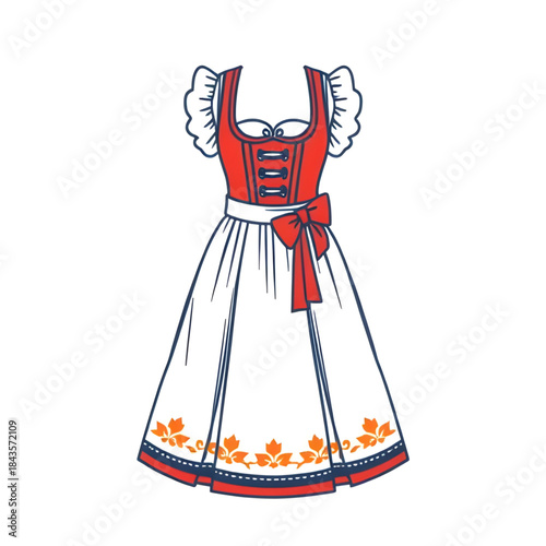 dirndl dress illustration isolated, German traditional dress isolated white, Bavarian dirndl costume vector, Oktoberfest fashion illustration isolated, Alpine folk dress graphic, traditional German at