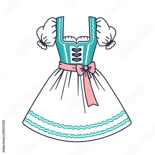 dirndl dress illustration isolated, German traditional dress isolated white, Bavarian dirndl costume vector, Oktoberfest fashion illustration isolated, Alpine folk dress graphic, traditional German at