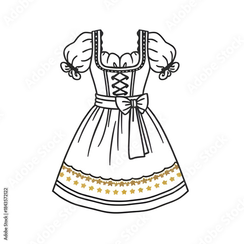 hand drawn dirndl dress illustration, vintage German dirndl artwork, traditional folk costume sketch, Bavarian dirndl fashion drawing, Oktoberfest costume illustration art, classic Alpine dirndl dress