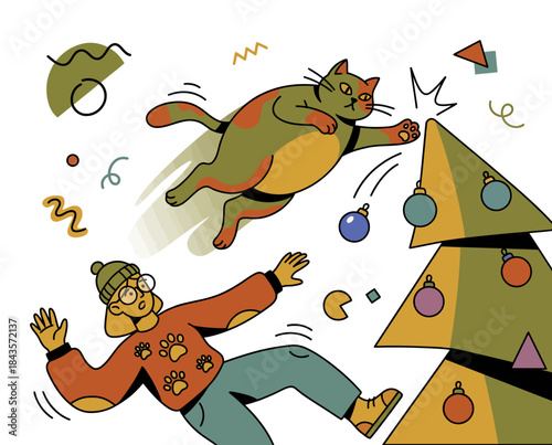 A man and cat playfully interacting near a decorated Christmas tree in a lively illustration