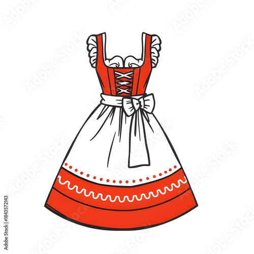 hand drawn dirndl dress illustration, vintage German dirndl artwork, traditional folk costume sketch, Bavarian dirndl fashion drawing, Oktoberfest costume illustration art, classic Alpine dirndl dress