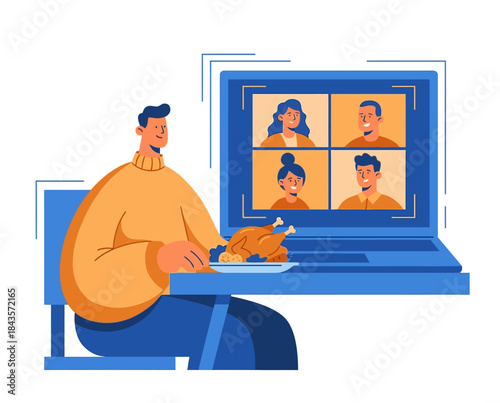 Man interacting with laptop displaying video conference call with four people in flat design style