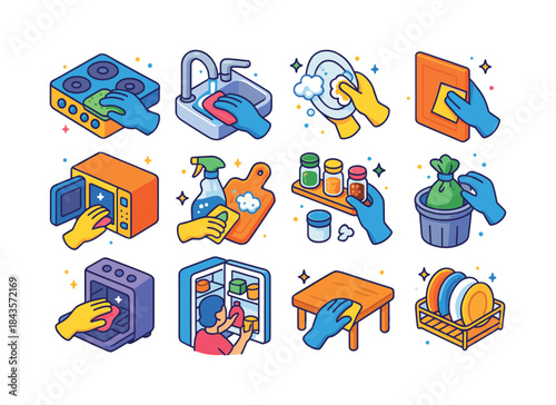 Kitchen Cleaning Icons. Kitchen cleaning. Colorful isometric vec