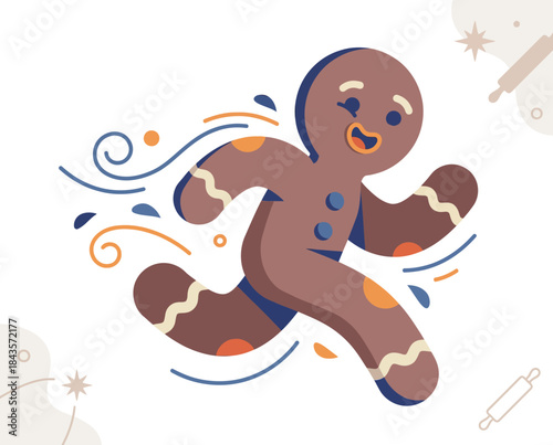 Festive gingerbread man running with joy, depicting a sweet holiday treat in motion with swirling decorative elements