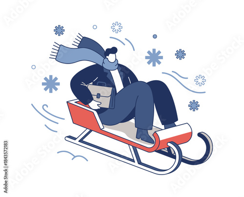 Dynamic corporate professional swiftly glides down a snowy hill on a sled, briefcase in hand, embodying vibrant work-life balance and brisk winter progress in a flat design illustration