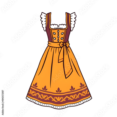 dirndl dress illustration vector, traditional German dirndl artwork, Bavarian folk costume illustration, Oktoberfest dirndl outfit design, Alpine traditional dress illustration, German folklore clothi