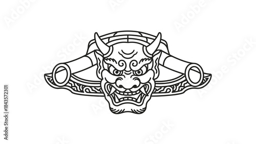 Japanese Oni Mask Line Art Illustration.