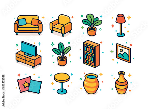 Colorful Living Room Icons. Living room. Colorful isometric vect