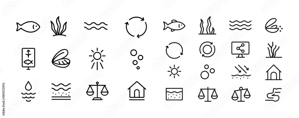 Fototapeta premium Aquatic and environmental vector icons set including fish and re