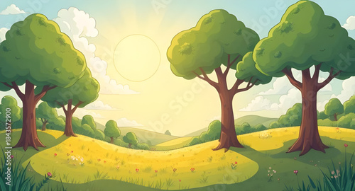 landscape, sky, nature, grass, summer, field, green, vector, meadow, spring, tree, hill, sun, mountain, illustration, road, clouds, rural, cloud, countryside, cartoon