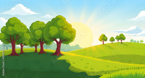 summer landscape with blue sky illustration, fresh green meadow summer scene, outdoor countryside summer background, natural scenic summer field, calm green grass sky view, wide open summer meadow, pe