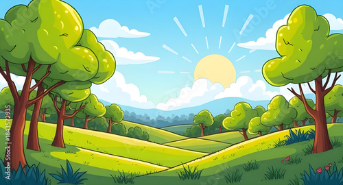 summer landscape with blue sky illustration, fresh green meadow summer scene, outdoor countryside summer background, natural scenic summer field, calm green grass sky view, wide open summer meadow, pe