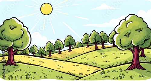 summer landscape with blue sky illustration, fresh green meadow summer scene, outdoor countryside summer background, natural scenic summer field, calm green grass sky view, wide open summer meadow, pe