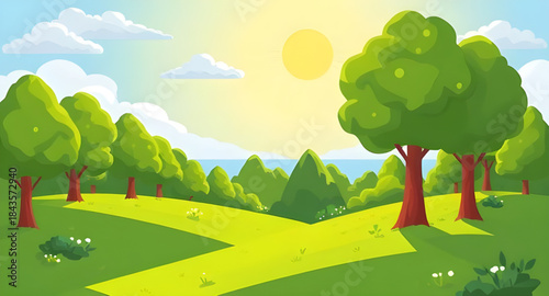 summer grass field landscape illustration, blue sky summer meadow background, natural outdoor summer scenery, green countryside summer design, sunny summer field environment, calm open landscape summe