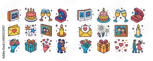 Romantic celebration icons with couples, gifts, and decorations