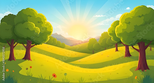 summer grass field landscape illustration, blue sky summer meadow background, natural outdoor summer scenery, green countryside summer design, sunny summer field environment, calm open landscape summe
