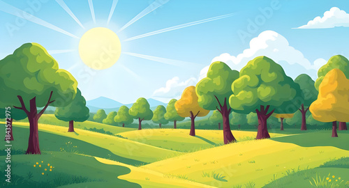 summer meadow landscape background design, green grass nature summer scene, bright blue sky countryside, summer field illustration wallpaper, scenic outdoor summer landscape, calm peaceful summer mead