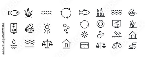 Aquatic and environmental vector icons set including fish and re