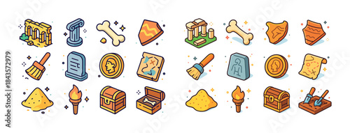 Colorful archaeology icons featuring artifacts, tools, and symbo