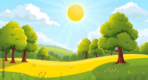 summer meadow landscape background design, green grass nature summer scene, bright blue sky countryside, summer field illustration wallpaper, scenic outdoor summer landscape, calm peaceful summer mead