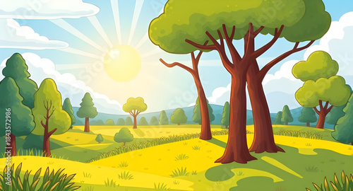 summer meadow landscape background design, green grass nature summer scene, bright blue sky countryside, summer field illustration wallpaper, scenic outdoor summer landscape, calm peaceful summer mead