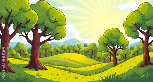 summer landscape panoramic background, wide green meadow blue sky, natural summer scenery illustration, calm summer field landscape, fresh countryside summer view, outdoor nature summer wallpaper, sun