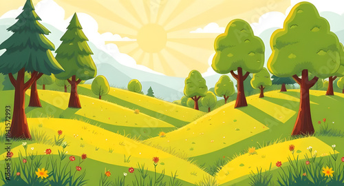 summer landscape panoramic background, wide green meadow blue sky, natural summer scenery illustration, calm summer field landscape, fresh countryside summer view, outdoor nature summer wallpaper, sun