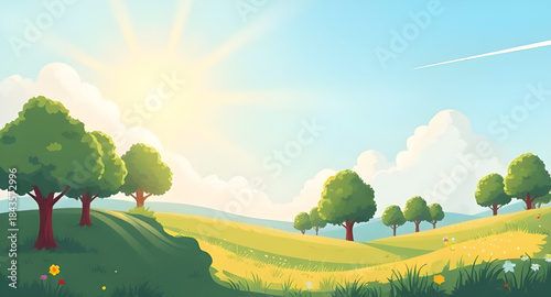 summer landscape panoramic background, wide green meadow blue sky, natural summer scenery illustration, calm summer field landscape, fresh countryside summer view, outdoor nature summer wallpaper, sun