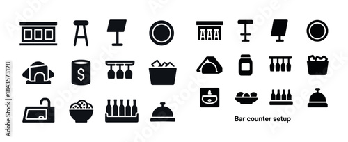 Bar counter setup icons: stools, glasses, bottles, plates, sinks