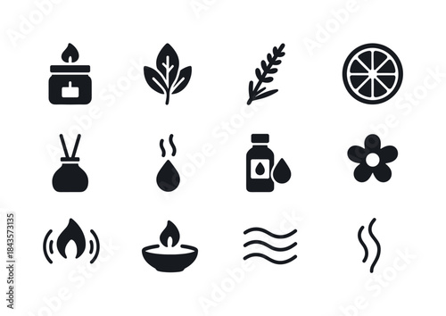 Aromatherapy Candle Icons. Aromatherapy candles. Solid icon set