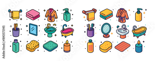 Colorful bathroom essentials set: towels, soap, mirror, bathtub,