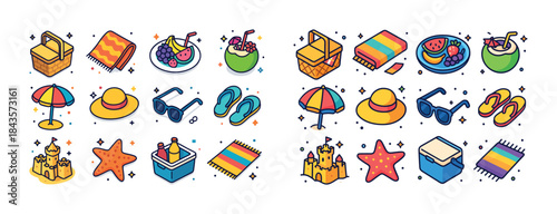 Colorful summer beach icons collection: umbrellas, sandcastles,