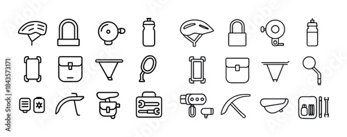 Monochrome bicycle accessories collection: helmets, locks, bells