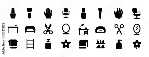 Beauty salon icons: nail polish scissors mirror towel spa tools