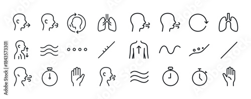 Breathing and respiratory icon set: head, lungs, arrows, timer,
