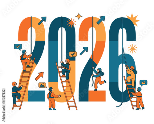 Collaborative team building the year 2026, symbolizing future progress and strategic goal achievement. Vibrant flat design vector illustration depicting collective effort and new year success