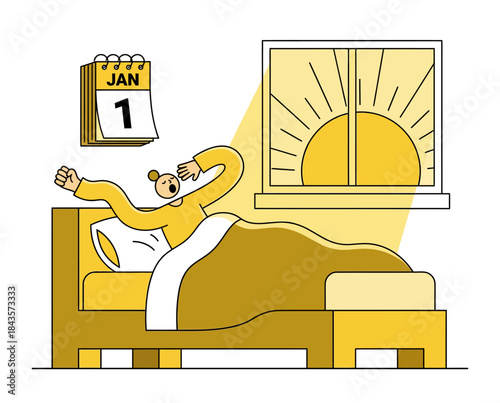 Vector illustration of a cheerful person stretching and waking up on New Year's Day, symbolizing a fresh start and morning routine with sunlight