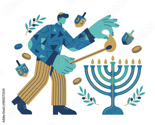 Flat illustration of a person lighting a Hanukkah menorah with dreidels and olive branches, celebrating the Festival of Lights in a contemporary style