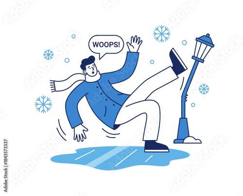 Winter Slip Hazard Man Falling on Ice Near Lamp Post with Snowflakes - Vector Illustration