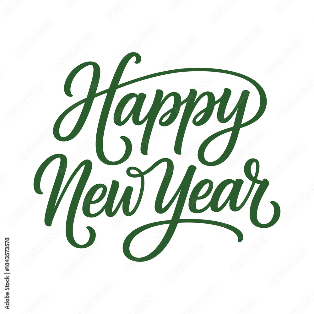 Fototapeta premium Elegant dark green cursive lettering proclaims Happy New Year against a white background, transparent