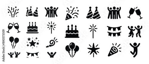 Party icons set: celebrations, events, decorations, and festive