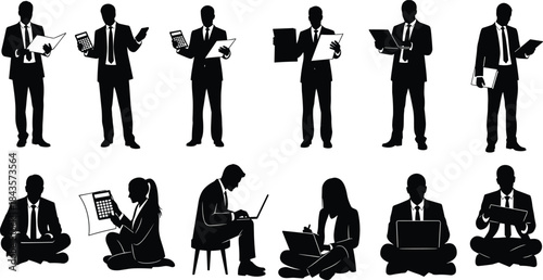 Business professionals, office workers, finance team, laptop users, seated analysts, productivity, flat vector