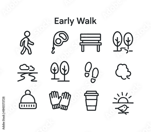 Early Morning Icons. Early Walk. Line icon set of early walks: p