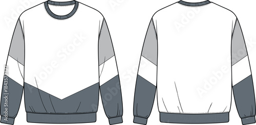 Color block sweatshirt flat sketch, crew neck jumper front back view, cad drawing flat vector