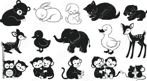 Cute baby animals sleeping, peaceful cartoon pets, nursery art, flat vector