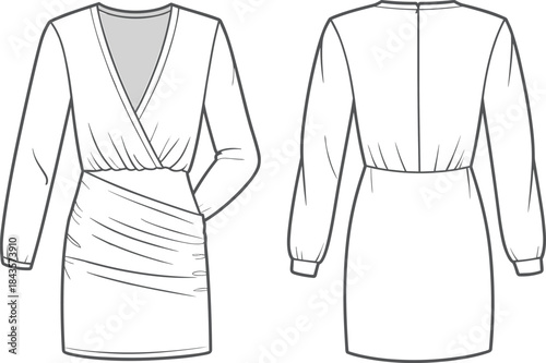 Fashion technical sketch, wrap dress, ruched skirt, V-neckline, CAD drawing, flat vector, garment template,