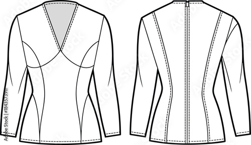 Fitted long sleeve top front back view, princess seam bust detail, cad drawing flat vector